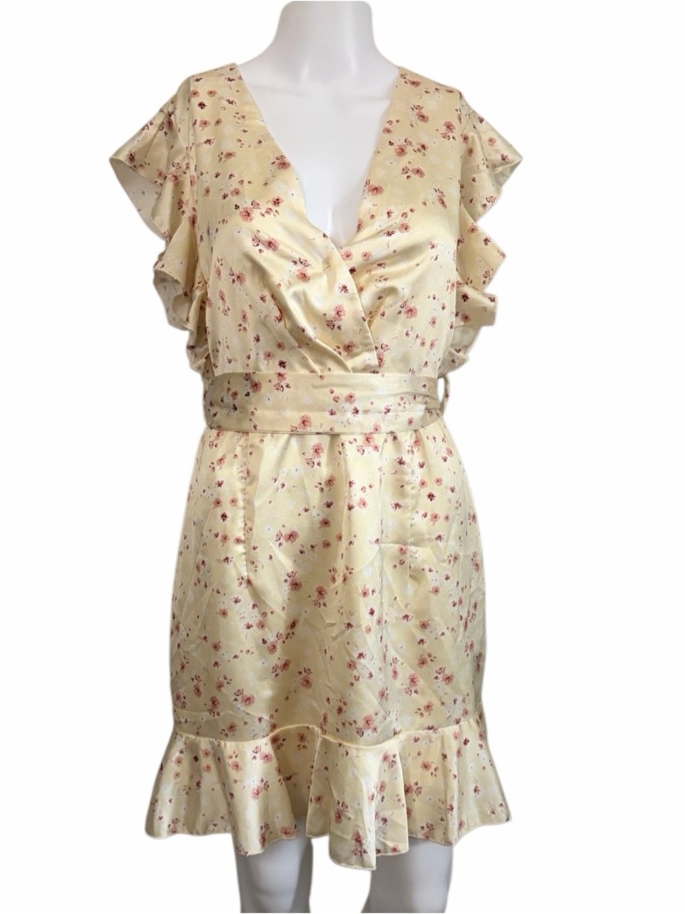 Showpo. Cream Floral Ruffle Wrap Dress Size 6